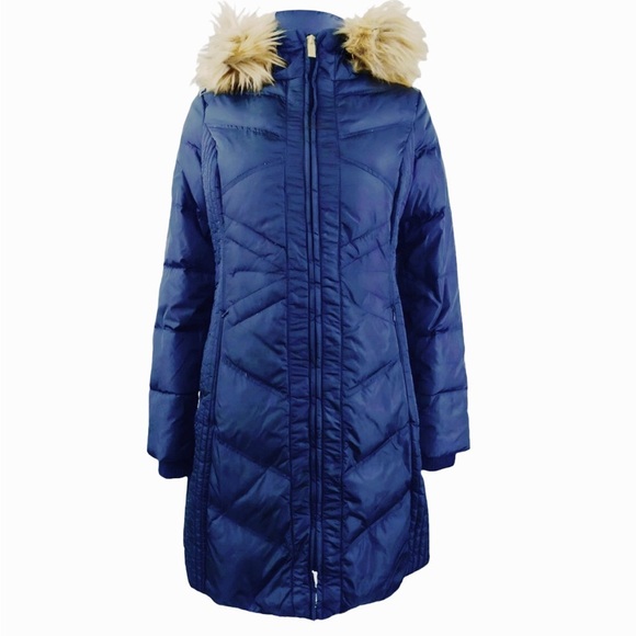 Jones New York Blue Puffer Jacket with Faux Fur Hood - Picture 1 of 7